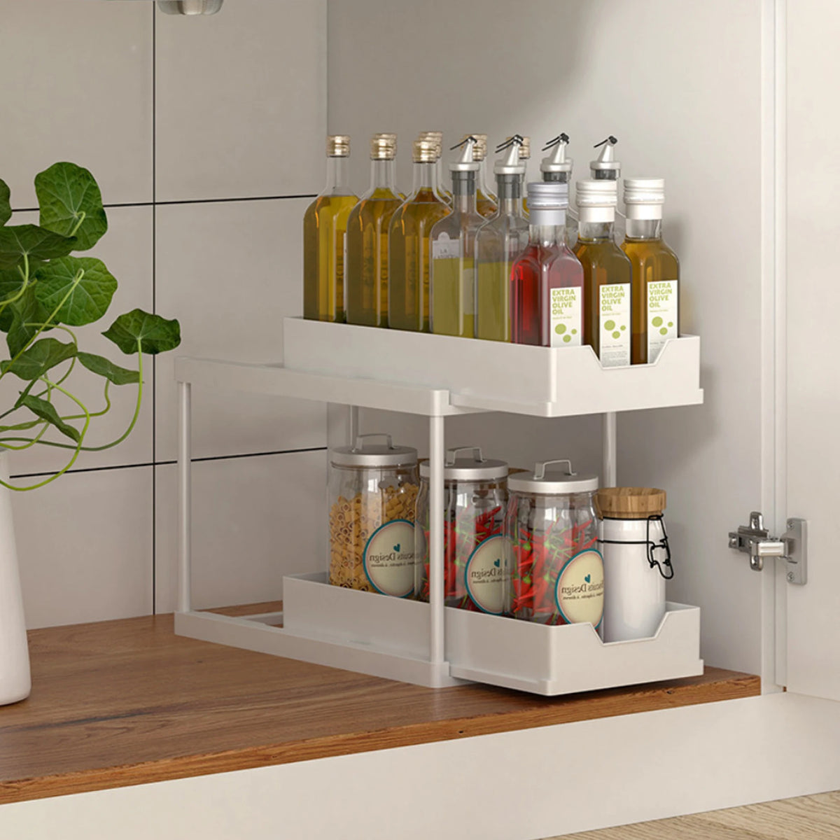 2-Tier Sliding Pull-Out Kitchen Storage Rack - Non-Slip Multifunctional Drawer Organizer for Under-Sink and Countertop Storage