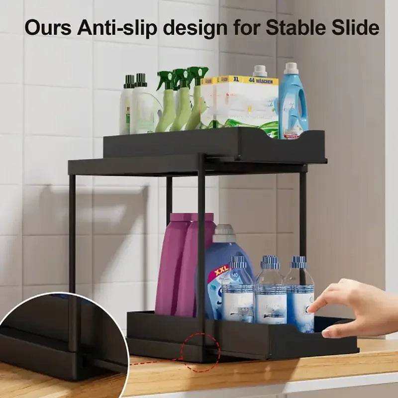 2-Tier Sliding Pull-Out Kitchen Storage Rack - Non-Slip Multifunctional Drawer Organizer for Under-Sink and Countertop Storage