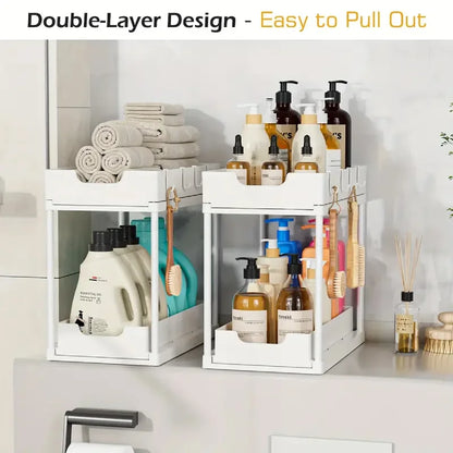 2-Tier Sliding Pull-Out Kitchen Storage Rack - Non-Slip Multifunctional Drawer Organizer for Under-Sink and Countertop Storage