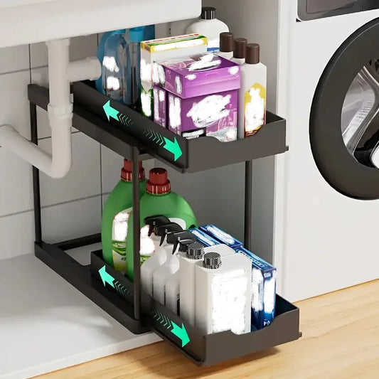 2-Tier Sliding Pull-Out Kitchen Storage Rack - Non-Slip Multifunctional Drawer Organizer for Under-Sink and Countertop Storage