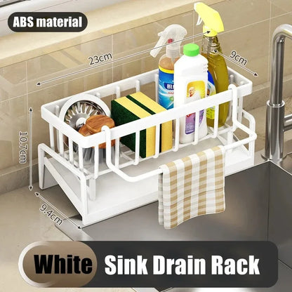 No-Punch ABS Kitchen Sink Shelf with Hooks, Adhesive Faucet Organizer & Drainage Rack for Spice & Rag Storage
