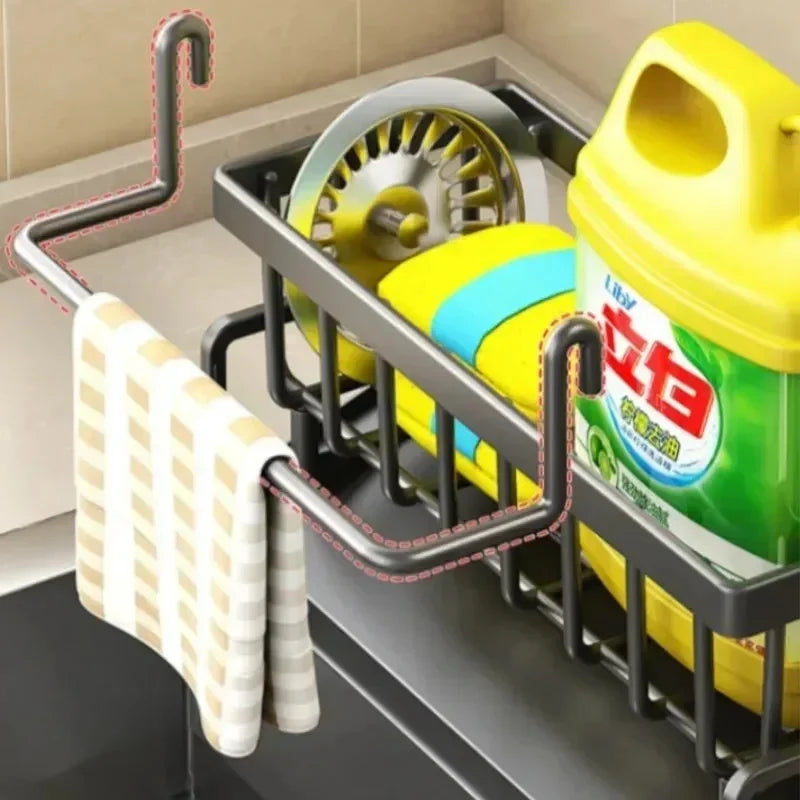 No-Punch ABS Kitchen Sink Shelf with Hooks, Adhesive Faucet Organizer & Drainage Rack for Spice & Rag Storage