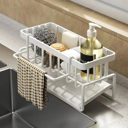 No-Punch ABS Kitchen Sink Shelf with Hooks, Adhesive Faucet Organizer & Drainage Rack for Spice & Rag Storage