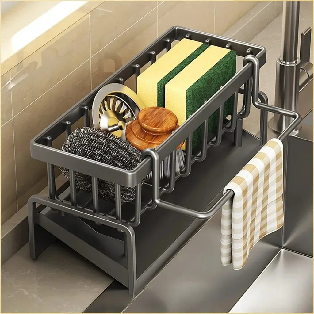 No-Punch ABS Kitchen Sink Shelf with Hooks, Adhesive Faucet Organizer & Drainage Rack for Spice & Rag Storage