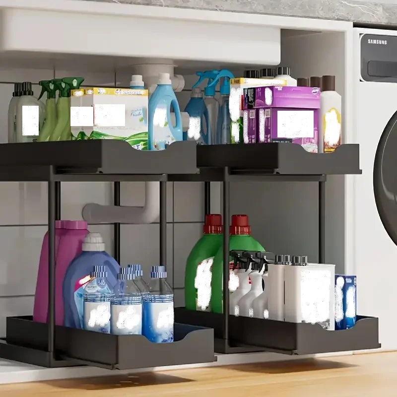 2-Tier Sliding Pull-Out Kitchen Storage Rack - Non-Slip Multifunctional Drawer Organizer for Under-Sink and Countertop Storage