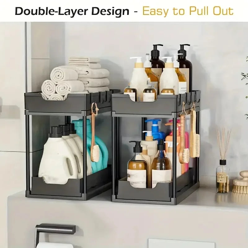 2-Tier Sliding Pull-Out Kitchen Storage Rack - Non-Slip Multifunctional Drawer Organizer for Under-Sink and Countertop Storage
