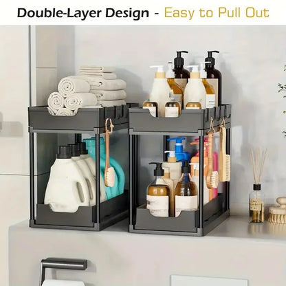 2-Tier Sliding Pull-Out Kitchen Storage Rack - Non-Slip Multifunctional Drawer Organizer for Under-Sink and Countertop Storage
