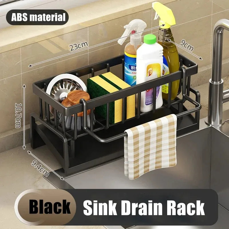 No-Punch ABS Kitchen Sink Shelf with Hooks, Adhesive Faucet Organizer & Drainage Rack for Spice & Rag Storage