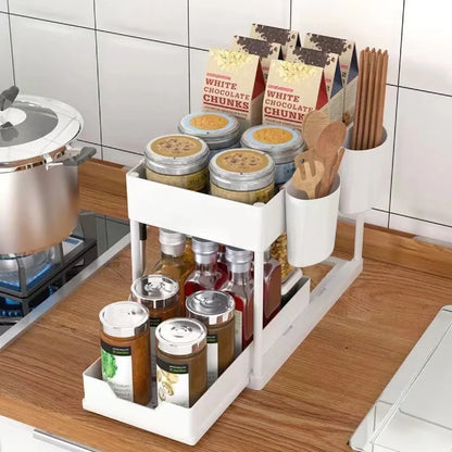2-Tier Sliding Pull-Out Kitchen Storage Rack - Non-Slip Multifunctional Drawer Organizer for Under-Sink and Countertop Storage